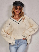 Women Drop Shoulder Pointelle Knit Colorblock Sweater