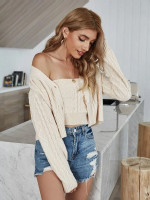 Women Solid Cable Knit Crop Tube Knit Top & Cardigan