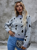 Women Dalmatian Pattern Mock Neck Raglan Sleeve Sweater