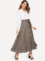 Plaid Waist Tie Single Breasted Flare Skirt