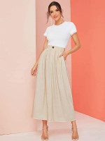 Solid Button Front Plicated Dual Pocket Skirt