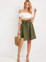 Solid Paperbag Waist Button Front Belted Skirt