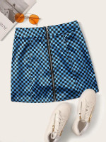Zip Front Checker Print Skirt