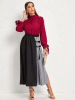 Colorblock Contrast Plaid Split Side Skirt
