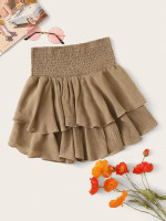 Solid Ruffle Layered Hem Shirred Skirt