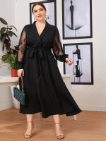 Women Plus Size Lace Bishop Sleeve Belted Dress