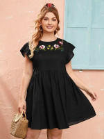 Women Plus Size Floral Embroidery Butterfly Sleeve Babydoll Dress