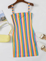 Women Plus Size Frill Straps Rainbow Striped Bodycon Dress