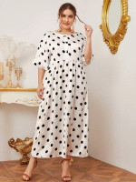 Women Plus Size Drop Shoulder Buttoned Front Polka Dot Dress