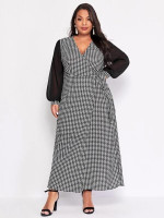 Women Plus Size Houndstooth Print Contrast Mesh Knot Side Wrap Dress