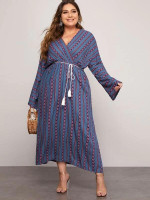 Women Plus Size Aztec And Striped Print Dress With Belt