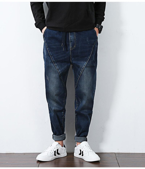 Top Fashion Patchwork low crotch men pencil elastic jeans