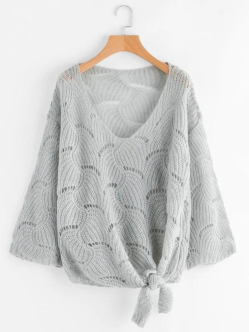 Self Tie Front Open-Knit Sweater