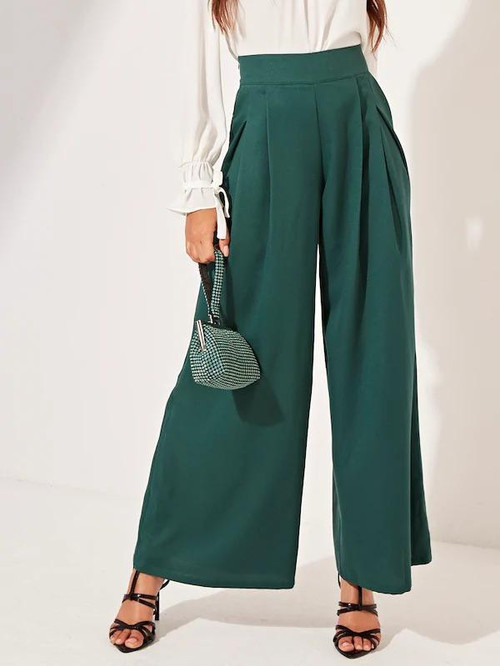 Solid Boxy Pleated Wide Leg Pants