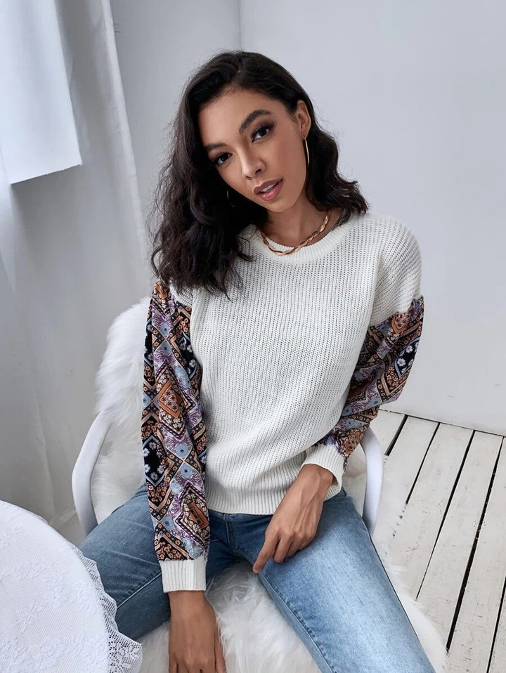 Women Floral Print Drop Shoulder Sweater
