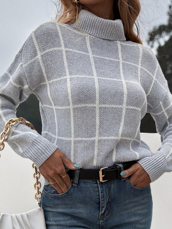 Women Grid Print High Neck Drop Shoulder Sweater