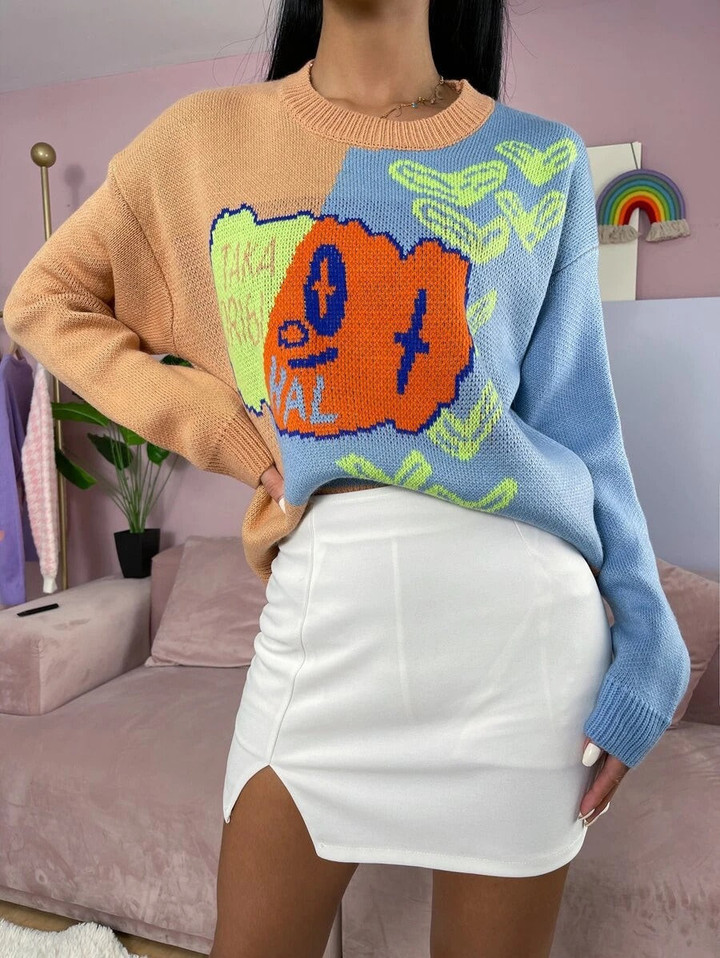 Women Color Block Graphic Pattern Drop Shoulder Sweater