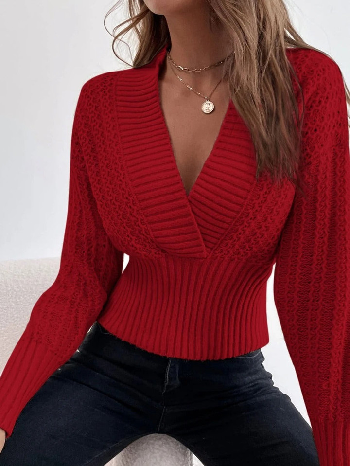 Women Solid V Neck Wrap Drop Shoulder Sweater