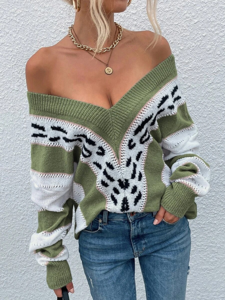 Women Color Block Chevron Pattern Drop Shoulder Sweater