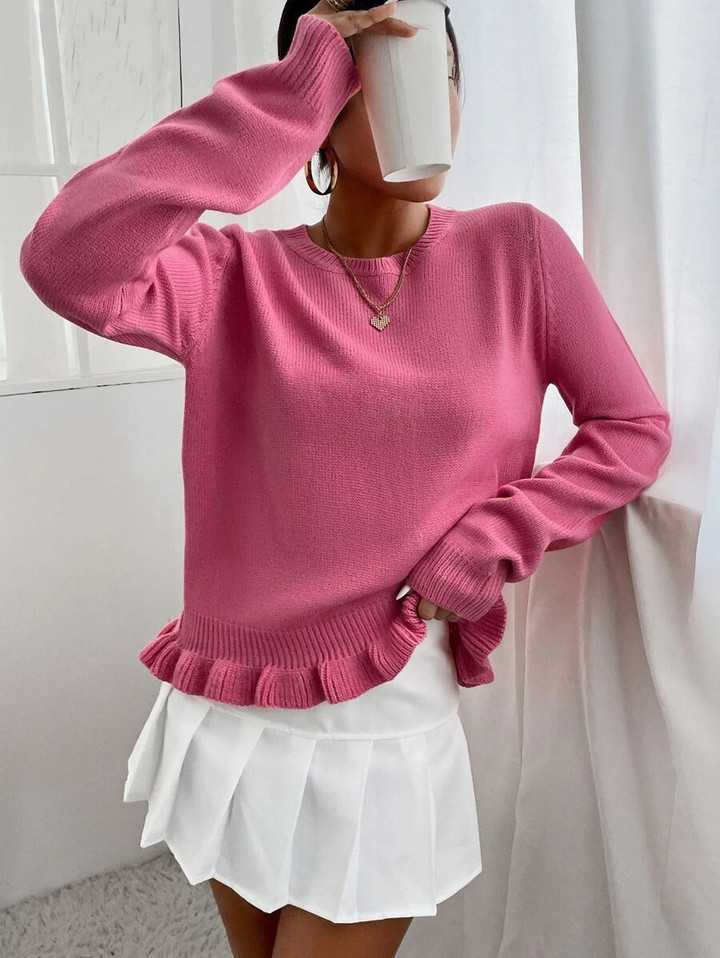 Women Solid Ruffle Hem Sweater