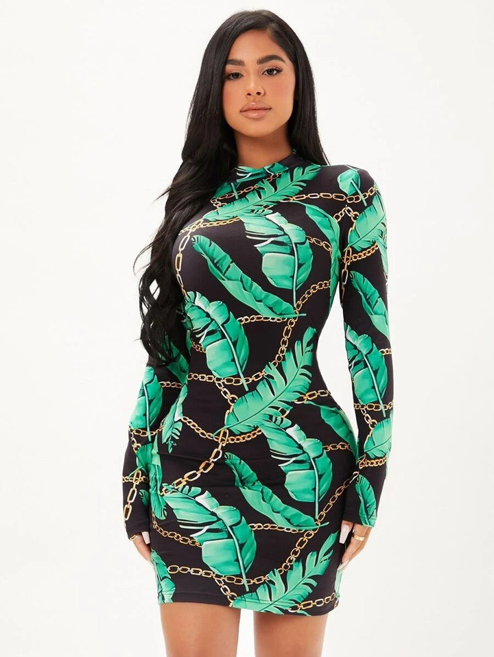 Women Chain & Tropical Print Bodycon Dress