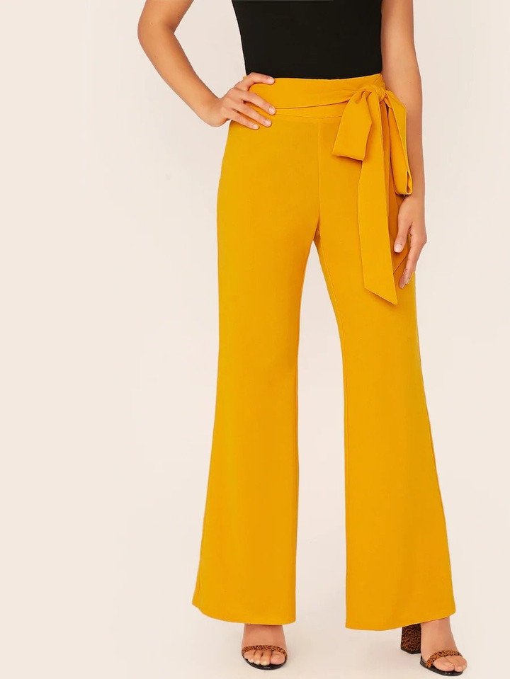 Solid Self Belted Flare Leg Pants
