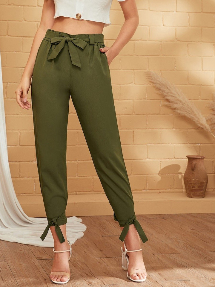Women Solid Knot Hem Belted Tapered Pants