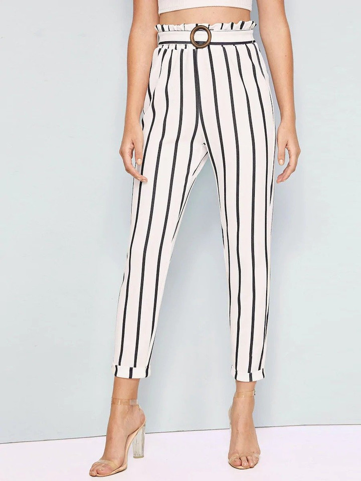 Frill Trim O-Ring Belted Striped Pants
