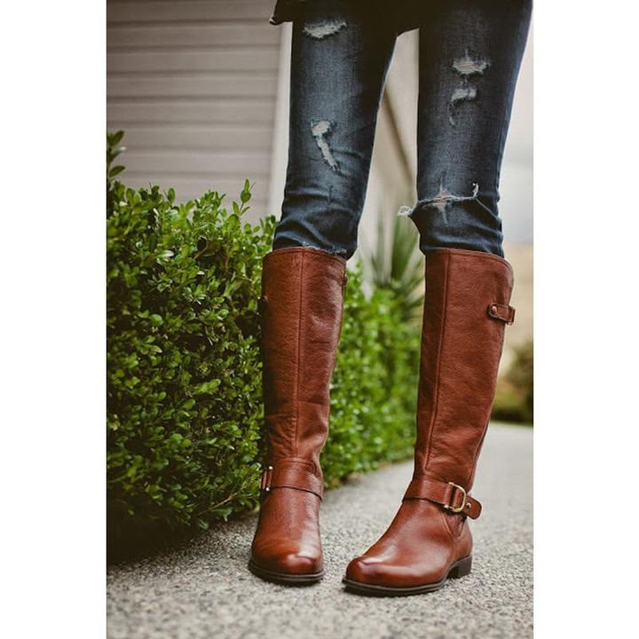 Fashion Women Knee High Boots Lace-Up Low Heel  Buckle Side Zipper Motorcycle Boots