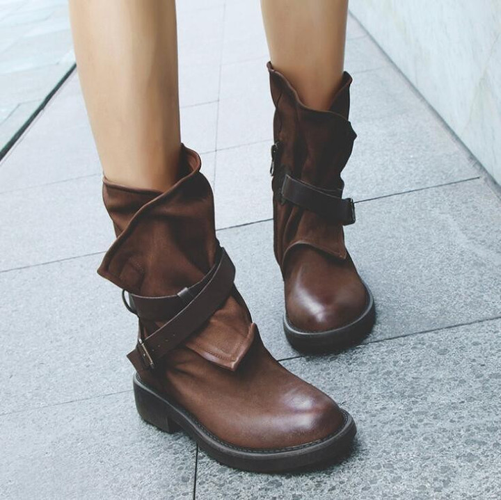 Women Mid Calf Boots Vintage Fashion Soft Leather Comfortable Booties
