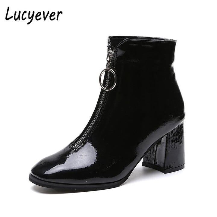 Women Boots High Heels Square Toe Fashion Patent Leather Zip Ankle Booties