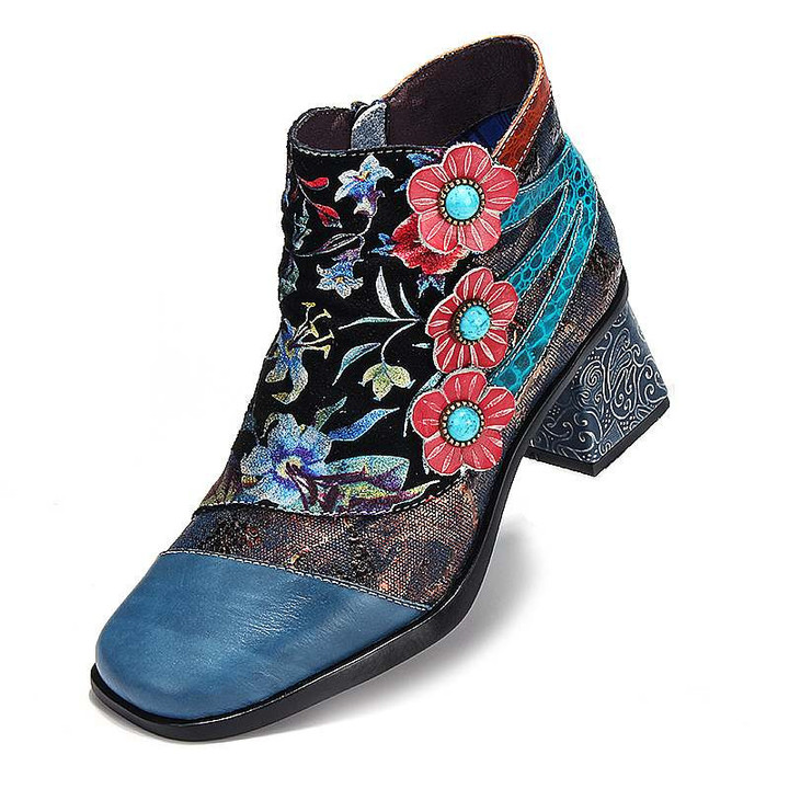 Women Bohemian Style Vintage Printed Genuine Leather Ankle Boots