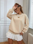 Women Butterfly Embroidery Drop Shoulder Pullover