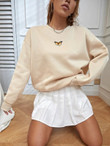 Women Butterfly Embroidery Drop Shoulder Pullover