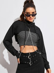 Women Solid Chain Detail Super Crop Hoodie Without Striped Top