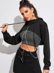 Women Solid Chain Detail Super Crop Hoodie Without Striped Top