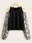 Cold Shoulder Contrast Snakeskin Print Sleeve Sweatshirt