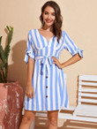 Women Striped Belted Ruched Bust Dress