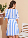 Women Striped Belted Ruched Bust Dress