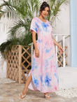 Women Tie Dye Batwing Sleeve Curved Hem Tee Dress Without Belted