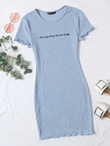 Women Slogan Embroidered Lettuce Edge Rib-knit Dress