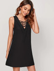 Solid Lace Trim Lace Up Sleeveless Dress