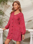 Women Ditsy Floral Print Button Through Tunic Dress