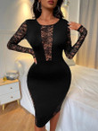Women Solid Lace Panel Bodycon Dress