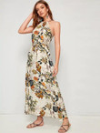 Tropical Print Split Thigh Belted Halter Dress