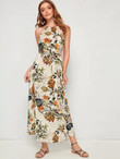 Tropical Print Split Thigh Belted Halter Dress