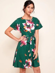 Women Floral Short Sleeve Self Tie A-line Dress