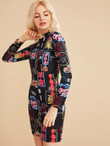 Graphic Print Long Sleeve Skinny Dress Without Bag