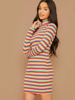 Mock Neck Rib-Knit Rainbow Stripe Dress