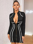 Zip Front Striped Tape Bodycon Dress